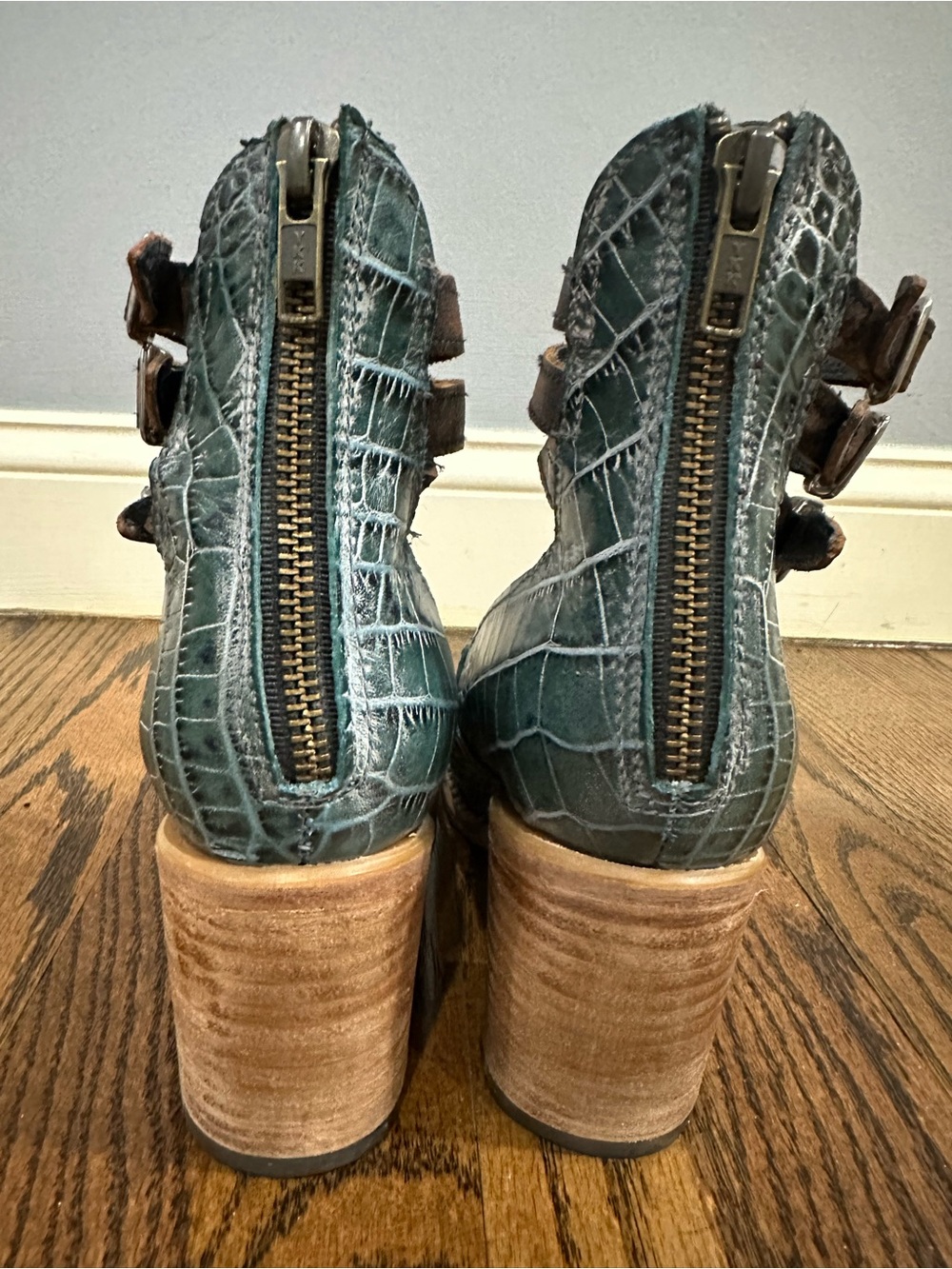 Freebird by Steven Teal Croc-Embossed Ankle-Strap Flats with Brown Straps - Picture 3 of 5